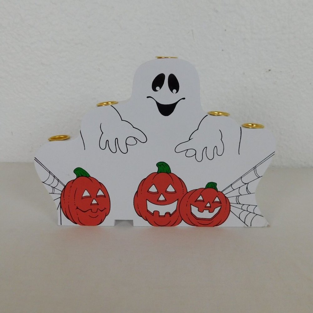 Halloween Ghost Pumpkin Wood 5 Candle Holder Candelabra Current Vintage FLAW